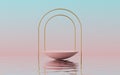 3d render, abstract modern minimal pink blue background with empty hemisphere podium, golden arch frame and reflection