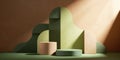 3d render, abstract modern showcase with empty podiums and assorted geometric shapes isolated on terracotta background and