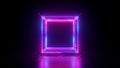 3d render, abstract neon background, square shape box, blank frame, pink glowing lines isolated on black