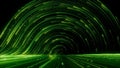 3d render, abstract neon wallpaper. Green glowing lines over black background. Streaming energy. Particles moving and leaving Royalty Free Stock Photo