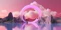 3d render, abstract panoramic background. Fantastic landscape with water, rocks, round mirror, chrome arch, neon ring and clouds