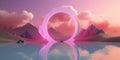 3d render, abstract panoramic background. Fantastic landscape with water, rocks, round mirror, chrome arch, neon ring and clouds