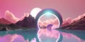 3d render, abstract panoramic background. Fantastic landscape with water, rocks, round mirror, chrome arch, neon ring and clouds