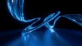3d render. Abstract panoramic background of twisted dynamic blue neon lines glowing in the dark room with floor reflection.