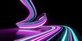 3d render. Abstract panoramic background of twisted dynamic neon lines glowing in the dark room with floor reflection. Virtual