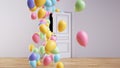 3d render. Abstract party background. Colorful inflatable air balloons flying out the open door