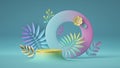 3d render, abstract pastel blue background with round frame and yellow podium decorated with colorful tropical leaves. Modern Royalty Free Stock Photo