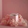 3d render abstract pink fantasy background, copy space. Empty podium surrounded by mystical smoke or fume, vacant cubic pedestal.