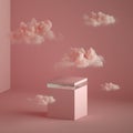 3d render, abstract pink fantasy background. Small clouds floating above the cubic pedestal box. Podium, shop display.