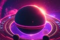 3d render, abstract planet symbol, geometric shape with neon light, levitating metallic ball with glowing ultraviolet rings