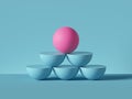 3d render, abstract primitive geometric shapes isolated on blue background. Pink ball placed on top of pyramid, rows of blue Royalty Free Stock Photo