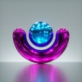 3d render, abstract primitive geometrical shapes, shiny metallic objects: pink round tube, blue sphere, ball. Glossy chrome