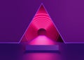 3d render, abstract purple background, pink neon light inside triangular tunnel, futuristic portal, performance stage