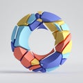 3d render, abstract random mosaic pieces, broken torus, cracked round surface with hole. Blue red yellow colorful elements.