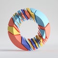 3d render, abstract random mosaic pieces, broken torus, cracked round surface with hole, colorful donut. Blue red yellow elements