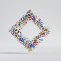 3d render, abstract random particles, mosaic pieces, cracked rhombus, square shape with hole. Blue red yellow elements.