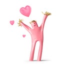 3d render, abstract romantic cartoon character. Funny pink guy in love with flying hearts. Party inflatable sky dancer. Royalty Free Stock Photo