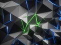 3d render, abstract silver crystal background, faceted metallic texture, blue green neon light, glowing laser lines