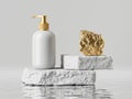 3d render, abstract skin care product, luxury cosmetics presentation. White dispenser bottle with golden cap placed on rough.