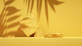 3d render, abstract summer yellow background with tropical leaves shadow and bright sunlight. Minimal showcase scene with cobble.