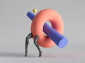 3d render, abstract surreal contemporary art. Primitive colorful geometric shapes: red torus donut, black legs walk