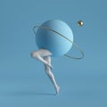 3d render, abstract surreal contemporary art. Primitive geometric shapes: golden ring, ball, white dancing legs isolated on blue