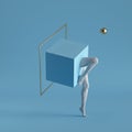 3d render, abstract surreal contemporary art. Primitive geometric shapes: golden square frame, cube, white legs isolated on blue