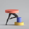 3d render, abstract surreal fashion concept, minimal design, funny contemporary art. Colorful geometric objects and black legs