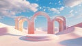 3d Render, Abstract Surreal pastel landscape background with arches and podium for showing product