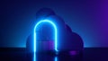 3d render, abstract trendy background with glowing arch. Blue neon light over empty stage.