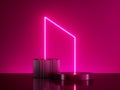 3d render, abstract trendy geometric background with glowing arch. Pink neon light over empty stage. Royalty Free Stock Photo