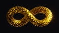 3d render, abstract twisted infinity symbol with shiny metallic dragon scales texture, golden snake, clip art isolated on black Royalty Free Stock Photo