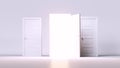 3d render, abstract white background with bright light glowing from an open door. Modern minimal interior concept. Opportunity Royalty Free Stock Photo