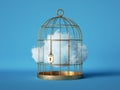 3d render, Abstract white cloud caged inside golden cage, isolated on blue background.