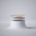 3d render, abstract white minimal background, clean style. Floating futuristic platform, levitating discs. Empty cylinder podium