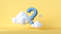 3d render, abstract yellow background with white clouds and blue question mark. Problem concept. Modern minimal scene