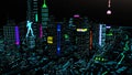 3d render. Aerial view of a Dystopian Shanghai city in the future with projection mapping on buildings with cyberpunk