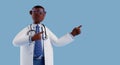 3d render. African cartoon character cute man doctor with brown skin wears glasses and white coat, shows right direction with