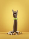 3d render, african cartoon character dark skin hand, rock sign gesture, clip art isolated on yellow background.