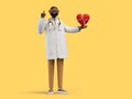 3d render. African cartoon character doctor. Cardiologist shows red heart symbol. Medical clip art isolated on yellow background Royalty Free Stock Photo