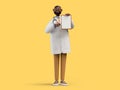 3d render. African cartoon character doctor shows clipboard with blank paper. Clip art isolated on yellow background. Medical Royalty Free Stock Photo