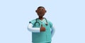 3d render, african cartoon character, young man nurse wears mint green shirt, shows thumbs up, like gesture. Health care support. Royalty Free Stock Photo