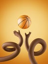 3d render, african cartoon flexible hands throw the ball, funny clumsy basketball player. Sport clip art for kids