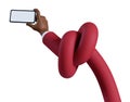 3d render, african cartoon flexible knotted hand in red sleeve, shows smartphone with blank screen. Wireless technology concept.