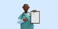 3d render, african nurse cartoon character wears mint green shirt, holds pen and clipboard with blank paper. Health care