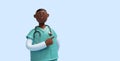 3d render. African young man, funny cartoon character nurse with dark skin wears mint green shirt, shows right direction with