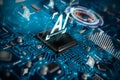 3D render AI artificial intelligence technology CPU central processor unit chipset on the printed circuit board for electronic and