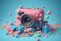 3d render of Analog camera pink color, 3d illustration isolated on pastel colors. Generative AI Royalty Free Stock Photo
