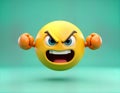 3D render angry emoji with clenched fists. Angry emoticon with fierce expression. Happy face but furious expression. Digital