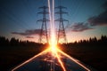 3D render animation energy stream through steel tower at sunrise